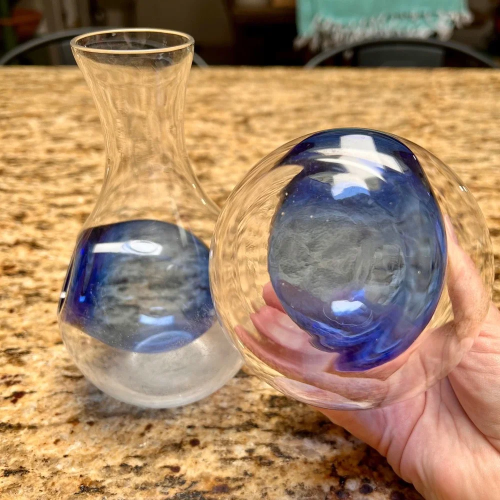 Pair of Hand Blown Glass Japanese Sake Carafes with Cobalt Blue Ice Pockets 6.5